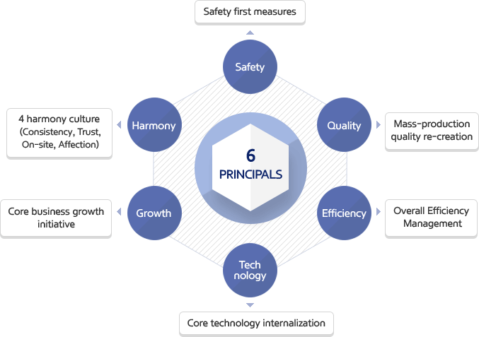 6PRINCIPALS - Safety first measures, Mass-production quality re-creation, Overall Efficiency Management, Core technology internalization, Core business growth initiative, 4 harmony culture(Consistency, Trust, On-site, Affection)